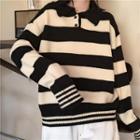 Striped Knit Polo Shirt Black & White - One Size
