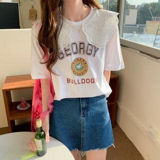 Short-sleeve Lace Collar Printed T-shirt