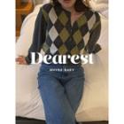 Round-neck Argyle Cardigan One Size