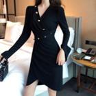 Long-sleeve Buttoned A-line Dress Black - One Size
