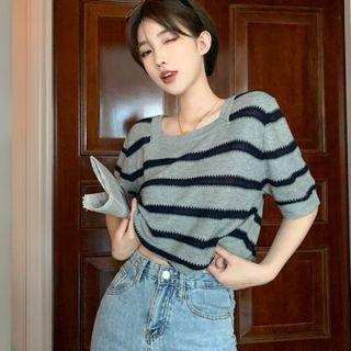 Short-sleeve Striped Knit Top Stripes - Black & Gray - One Size