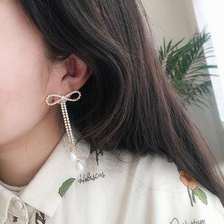 Faux Pearl Rhinestone Bow Fringed Earring Gold - One Size