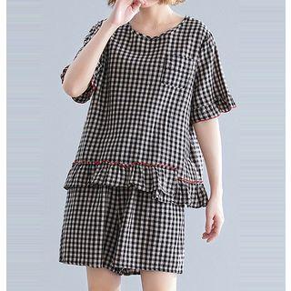 Set: Checked Ruffle Hem Short-sleeve Top + Shorts
