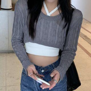 Halter-neck Crop Top / Chunky Knit Cropped Sweater