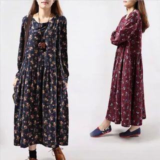 Floral Print Long-sleeve Linen Cotton Dress