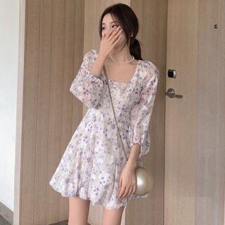 Long-sleeve Floral Print Ruffled Blouse / Mini A-line Dress