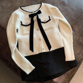 Bow-accent Two-tone Cardigan White - One Size