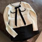 Bow-accent Two-tone Cardigan White - One Size