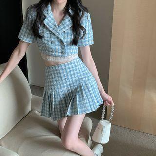 Short-sleeve Double Breasted Shirt / Pleated Skirt