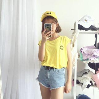 Smiley Embroidered Cap-sleeve T-shirt