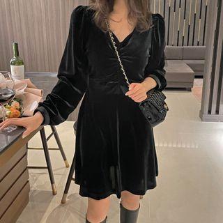 V-neck Shirred-trim Velvet Dress