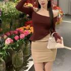 Long-sleeve Slit Top / Spaghetti-strap Mini Sheath Dress