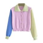 Collared Color Block Cardigan Blue & Yellow & Light Purple - One Size