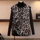 Set: Long-sleeve Knit Top + Leopard Print Drawstring Vest