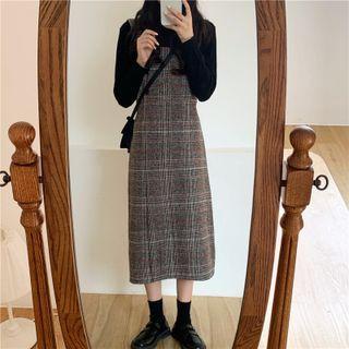 Plaid Midi Sheath Overall Dress