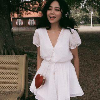 Short Puff Sleeve V-neck A-line Playsuit