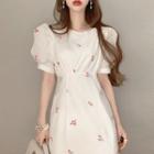 Round Neck Embroidered Flower Tie-waist Puff Short Sleeve Dress White - One Size
