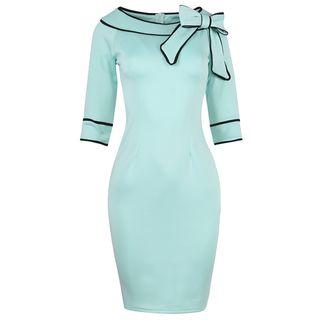 Bow Accent Contrast Trim Elbow Sleeve Sheath Dress