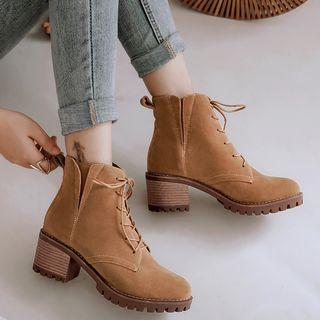 Faux Suede Block Heel Lace-up Short Boots