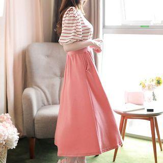 Puff-sleeve Stripe-panel Long Dress