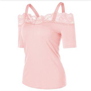 Short-sleeve Lace Trim Cold Shoulder T-shirt
