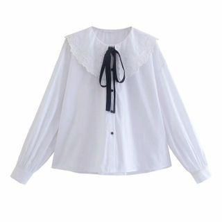 Long-sleeve Tie-neck Wide Collar Shirt