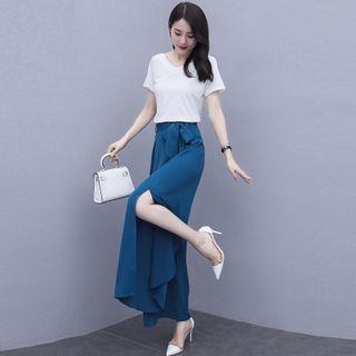 Set: Short-sleeve Plain T-shirt + Side-slit Wide-leg Pants