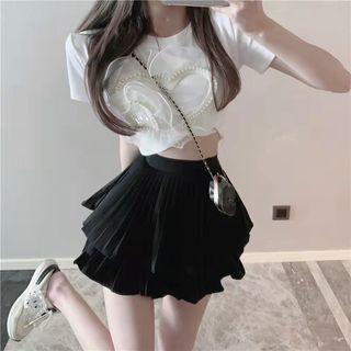 Mini A-line Skirt / Short-sleeve Ruffle Faux Pearl Cropped T-shirt