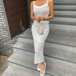 Set: Sleeveless Pointelle-knit Top + Long Skirt