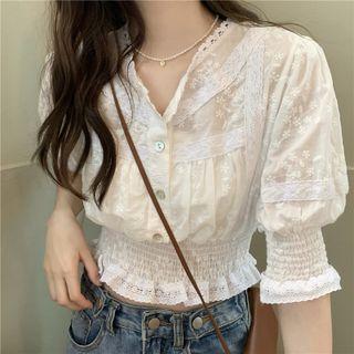 Puff-sleeve Ruffle Trim Lace Cropped Top White - One Size