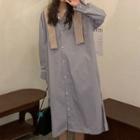 Long-sleeve Plain Side Slit Loose Fit Shirtdress