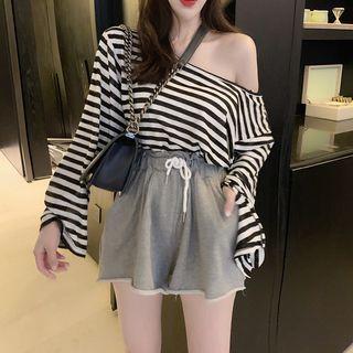 Off-shoulder Striped T-shirt + Drawstring Shorts