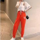 Set: Print Short-sleeve T-shirt + Sun Protection Arm Sleeves + Cuffed Jogger Pants Tangerine - One Size