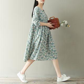 Long-sleeve Bear Print Frog-buttoned A-line Dress
