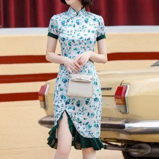 Patterned Ruffle Trim Short-sleeve Qipao
