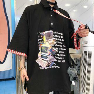 Printed Elbow-sleeve Polo Shirt With Tie