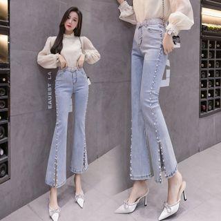 High Waist Beaded Cropped Flare Jeans