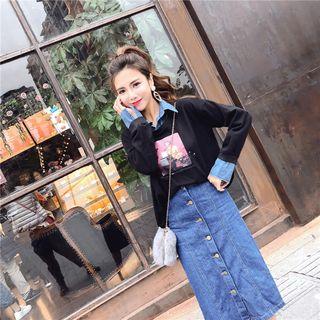 Set: Print Mock Two-piece Pullover + Buttoned Denim Skirt