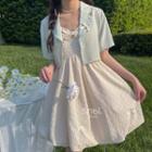 Short-sleeve Floral Embroidered Bolero Jacket / Spaghetti Strap Bow A-line Dress