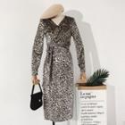 Long-sleeve Leopard Print Midi Velvet Dress