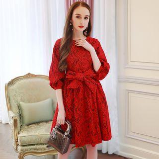 Gathered-waist Crewneck Lace Bow A-line Dress