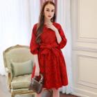 Gathered-waist Crewneck Lace Bow A-line Dress