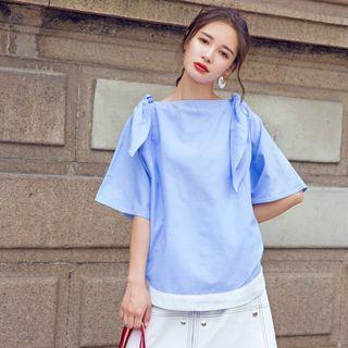 Elbow-sleeve Contrast Hem Tie-shoulder Top