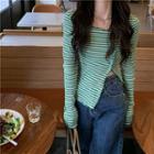 Long-sleeve Striped Slit T-shirt Striped - Green - One Size