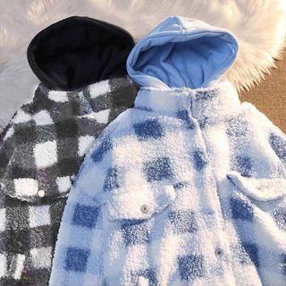 Mock Two-piece Hooded Checker Print Zip Jacket