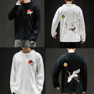 Crane Embroidery Sweater