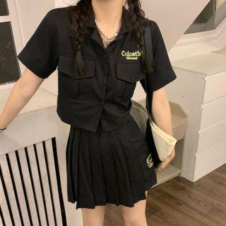 Short-sleeve Letter Embroidered Shirt / Mini A-line Skirt