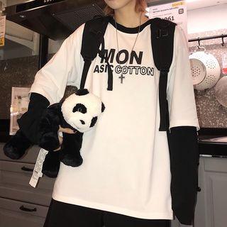 Mock Two-piece Long-sleeve T-shirt Black Sleeves - White - One Size