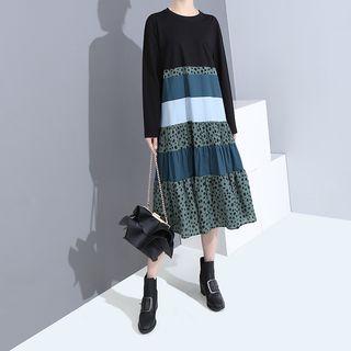 Long-sleeve Paneled Leopard-print Midi A-line Dress