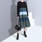 Long-sleeve Paneled Leopard-print Midi A-line Dress